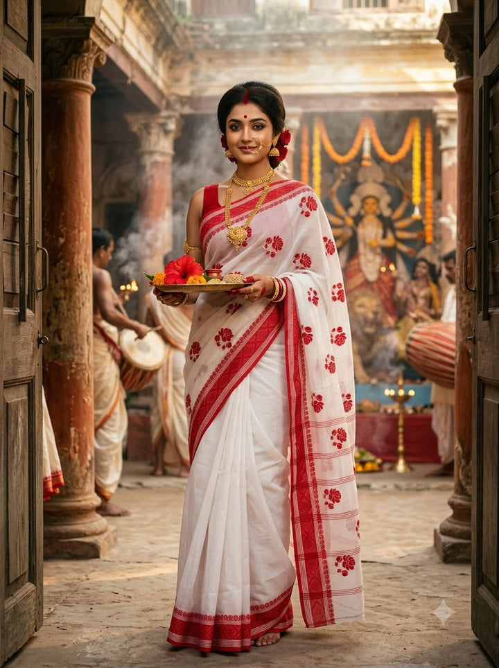 Ashtami Tangail Tant Cotton Saree (Rose Embroidery)