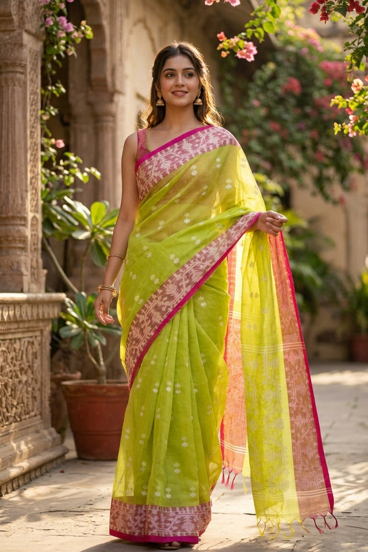 Hiyar Majhe Muslin Cotton Saree (Light Green Saree Pink Border)