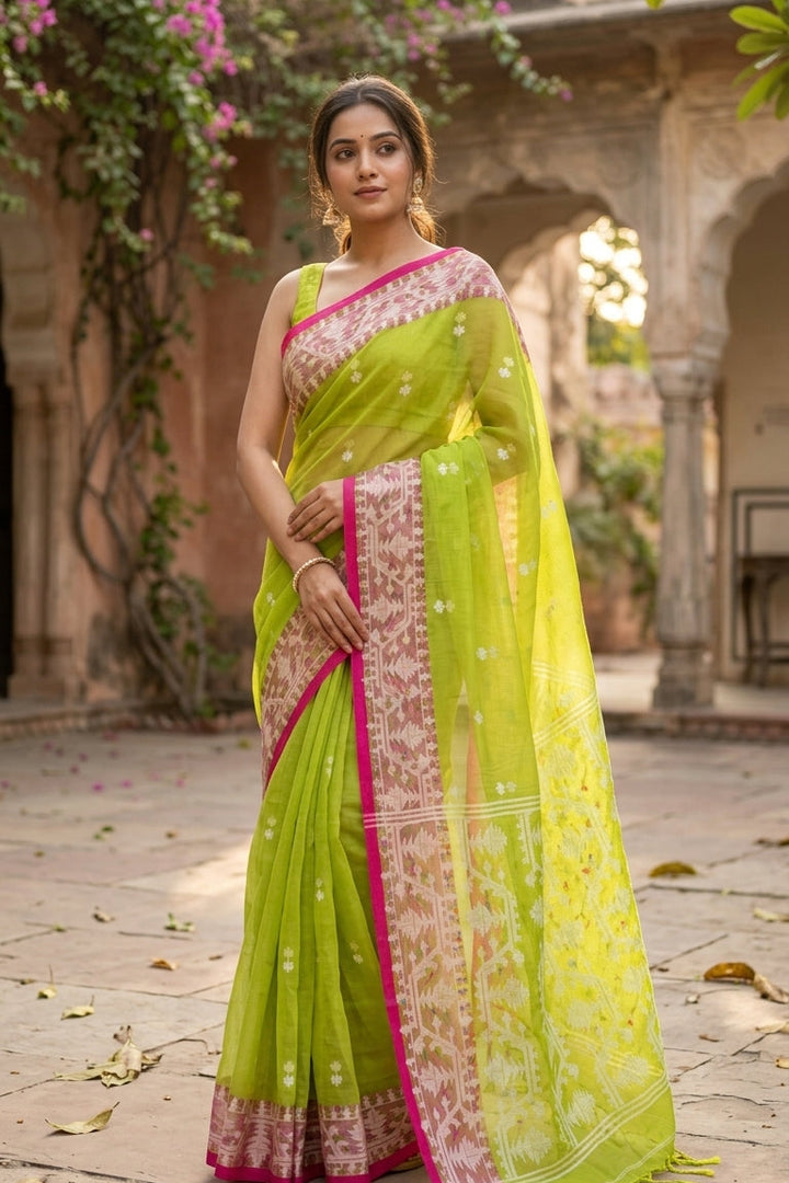 Hiyar Majhe Muslin Cotton Saree (Light Green Saree Pink Border)