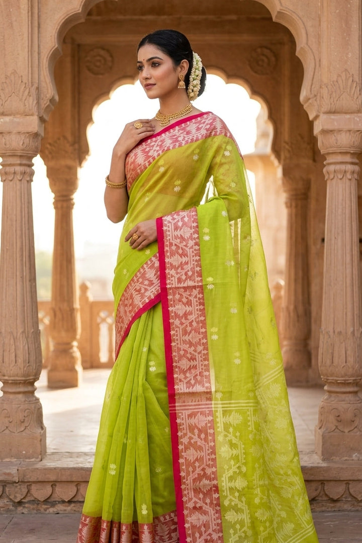Hiyar Majhe Muslin Cotton Saree (Light Green Saree Red Border)