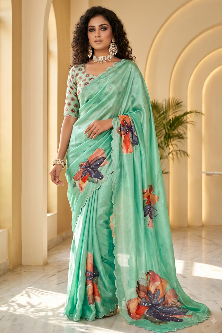 Noore Luxe – Premium Fendy Satin Digital Print Saree with Intricate Handwork