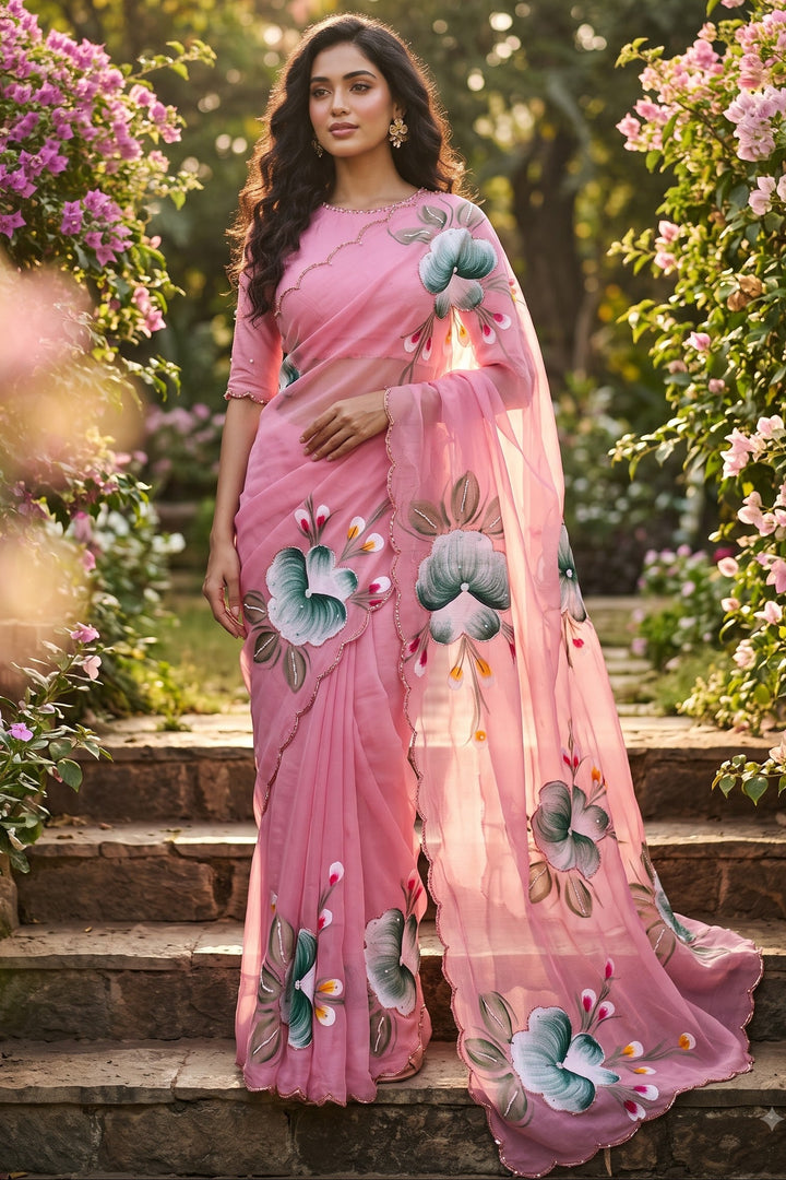 Flowers for Her Soul – Chiffon Handwork Saree with Khatli Work
