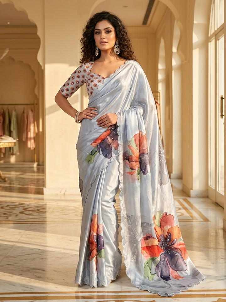 Noore Luxe – Premium Fendy Satin Digital Print Saree with Intricate Handwork