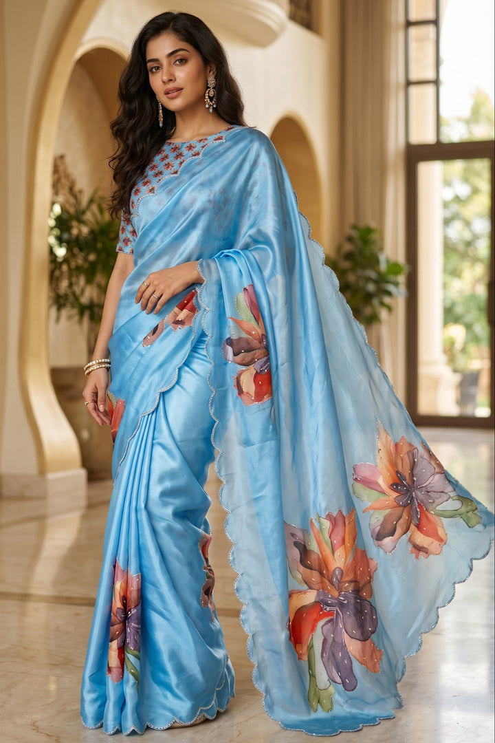Noore Luxe – Premium Fendy Satin Digital Print Saree with Intricate Handwork