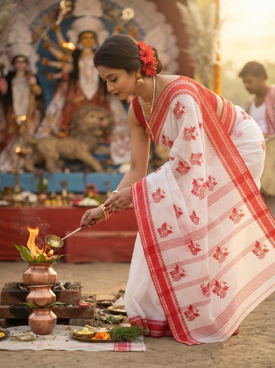 Ashtami Tangail Tant Cotton Saree (Peacock Embroidery)