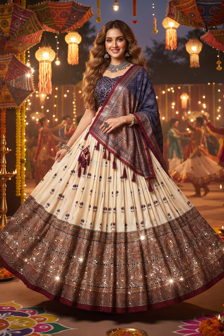 Garba Glow Tussar Silk Lehenga With Mirror Work