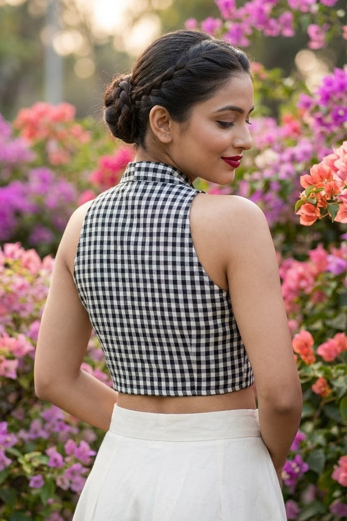 Chromatic Muse – Checked Halter Neck Designer Blouse