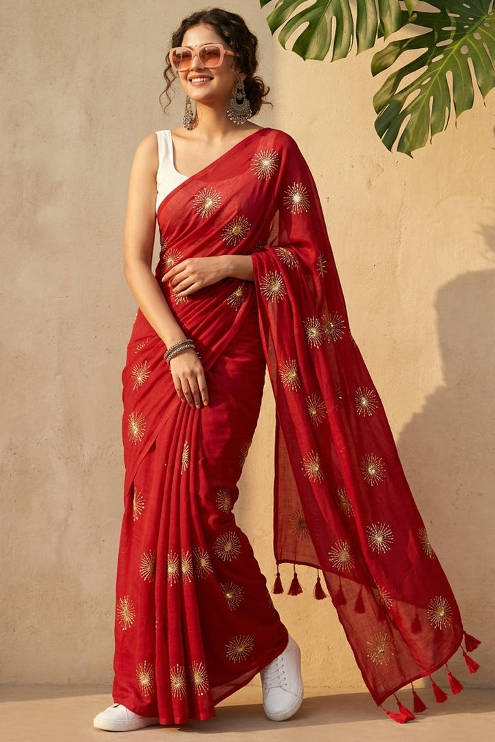 Stole My Heart Sequins Work Mul Cotton Saree
