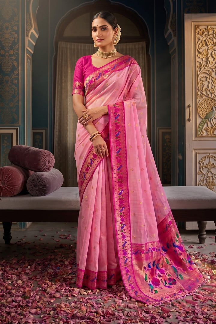 Golden Dew-Organza Silk (Semi) Saree with Minakari Zari Border & Designer Zari Pallu