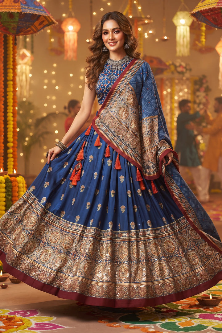 Garba Glow Tussar Silk Lehenga With Mirror Work