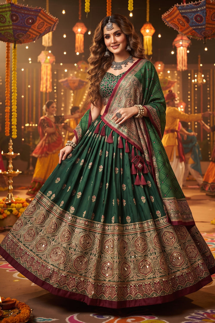 Garba Glow Tussar Silk Lehenga With Mirror Work
