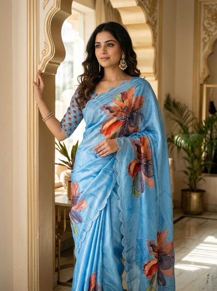 Noore Luxe – Premium Fendy Satin Digital Print Saree with Intricate Handwork