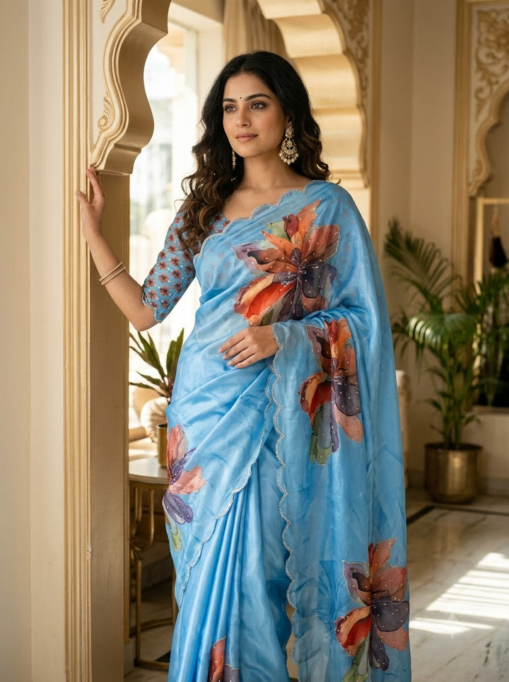 Noore Luxe – Premium Fendy Satin Digital Print Saree with Intricate Handwork