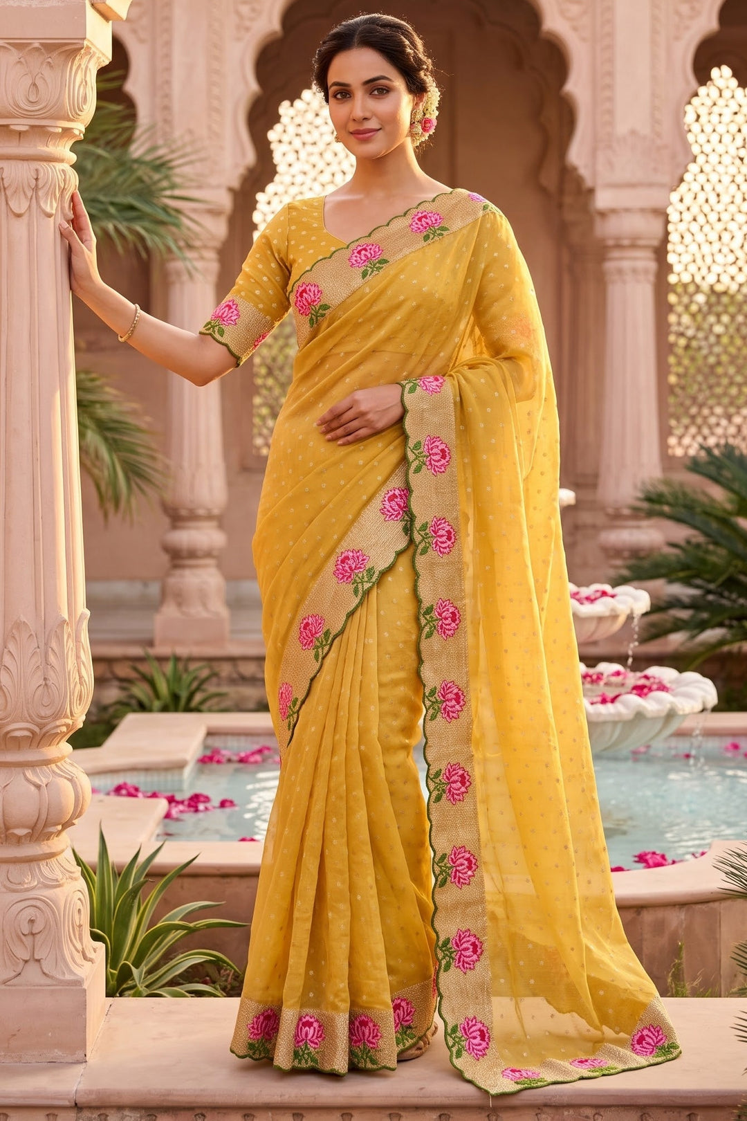 Emerald Noir- Moss Chiffon Saree Mirror Work