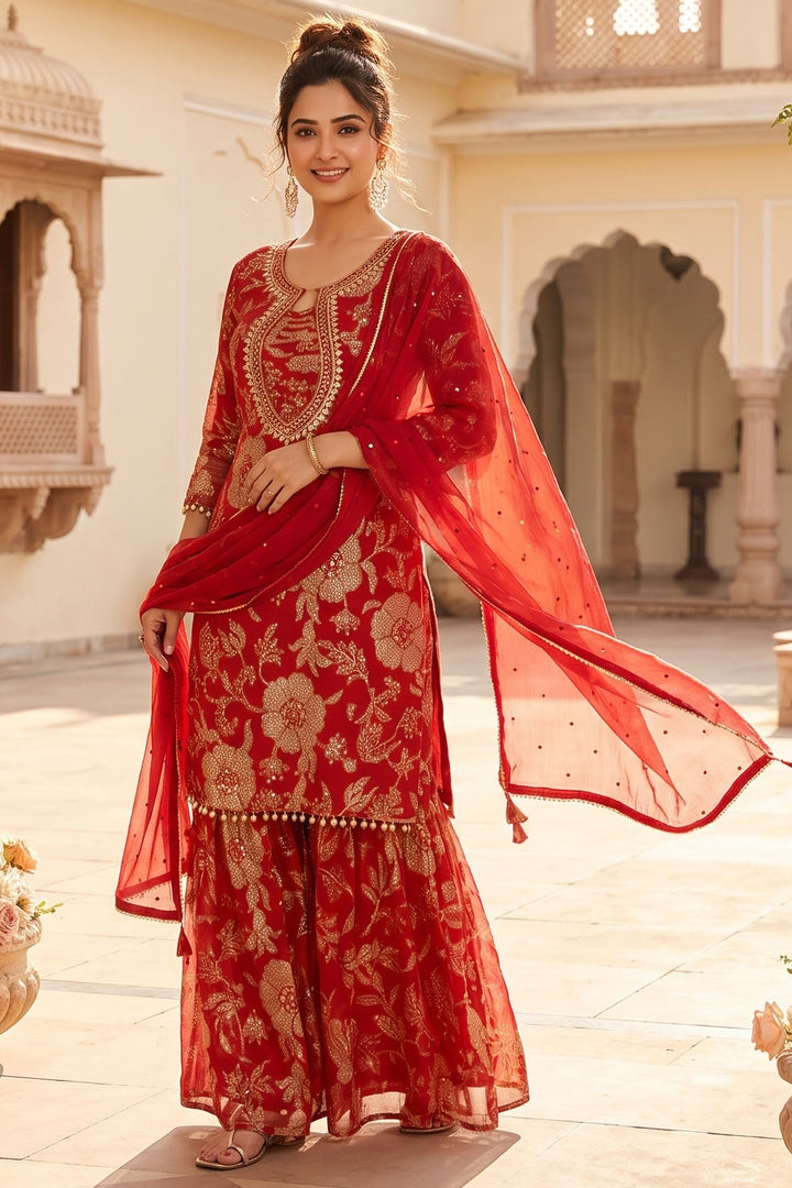 Ruby Dynasty – Embroidered Mirror Work Kurti Set