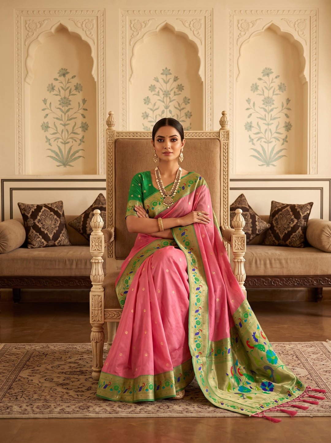 Golden Dew-Organza Silk (Semi) Saree with Minakari Zari Border & Designer Zari Pallu