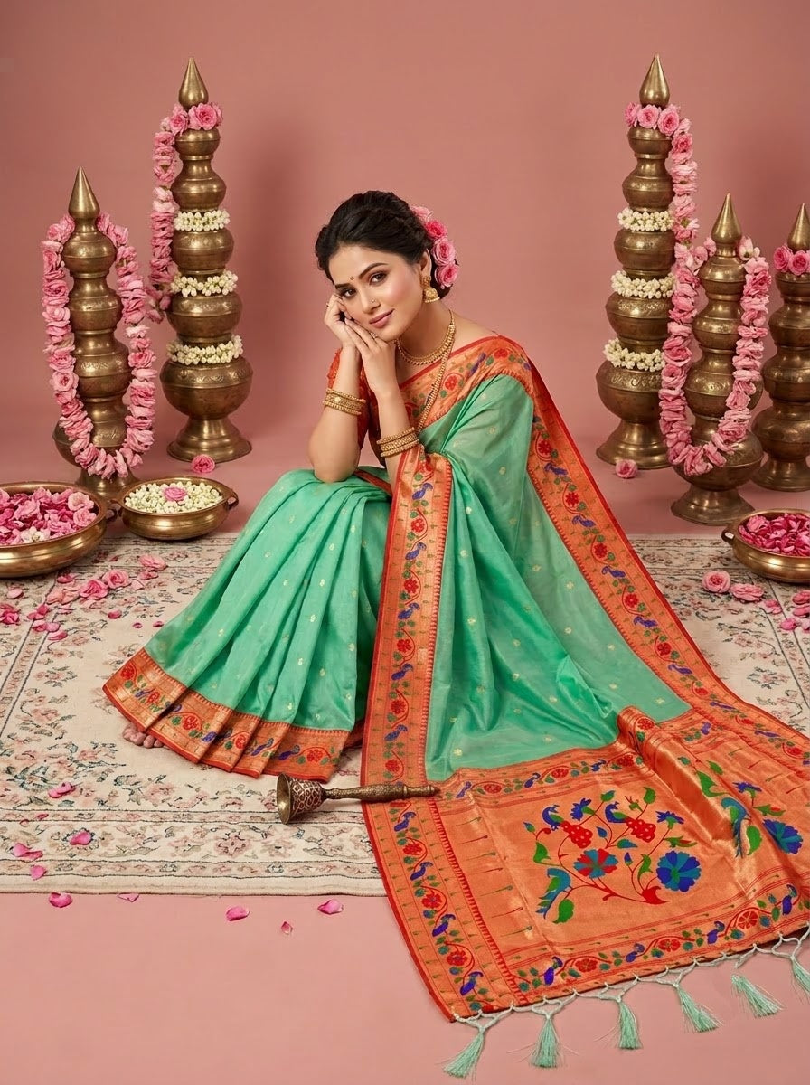 Golden Dew-Organza Silk (Semi) Saree with Minakari Zari Border & Designer Zari Pallu