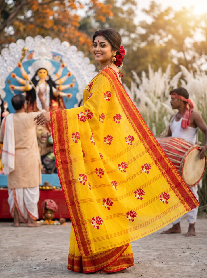 Ashtami Tangail Tant Cotton Saree (Rose Embroidery)