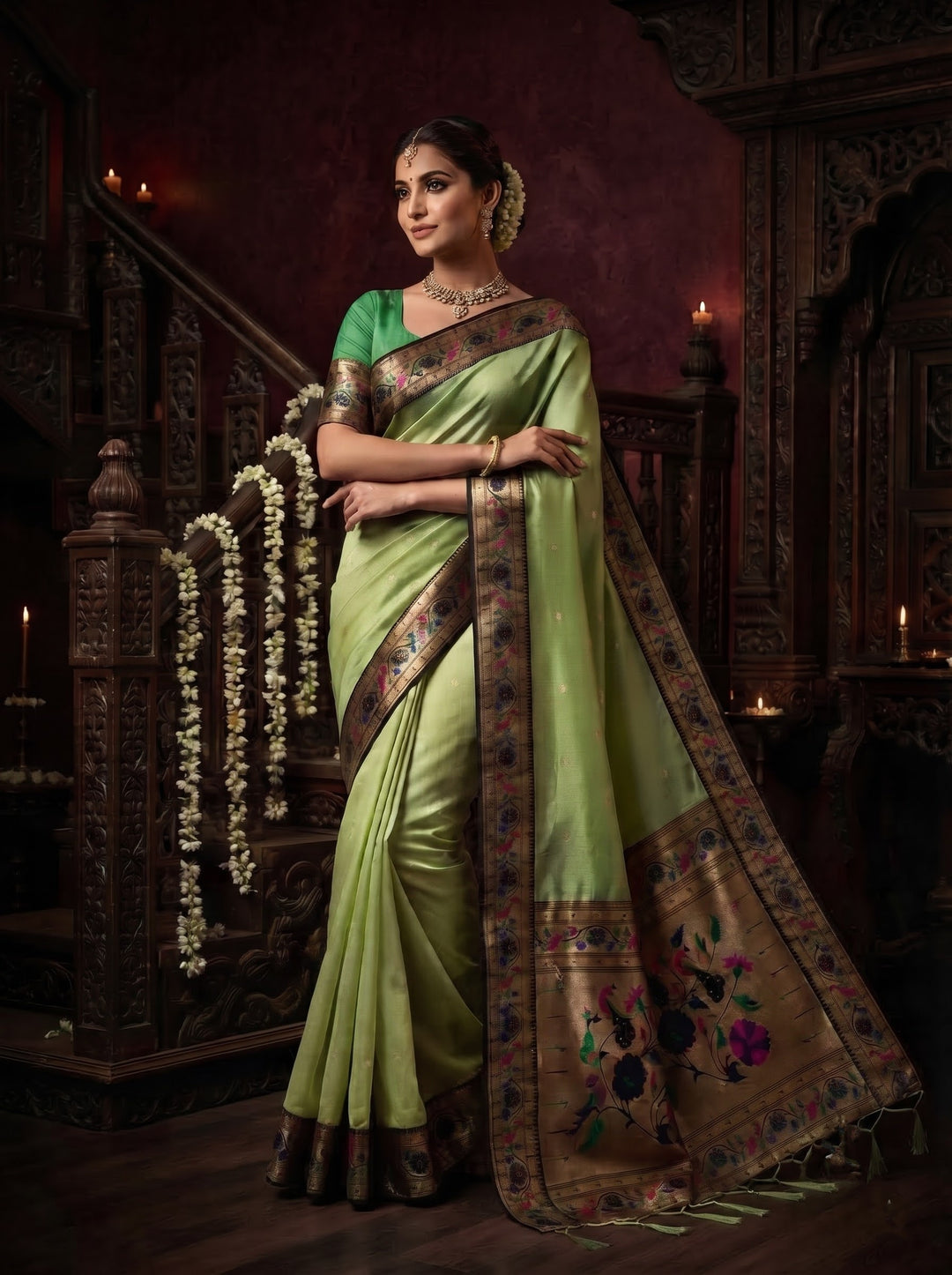 Golden Dew-Organza Silk (Semi) Saree with Minakari Zari Border & Designer Zari Pallu