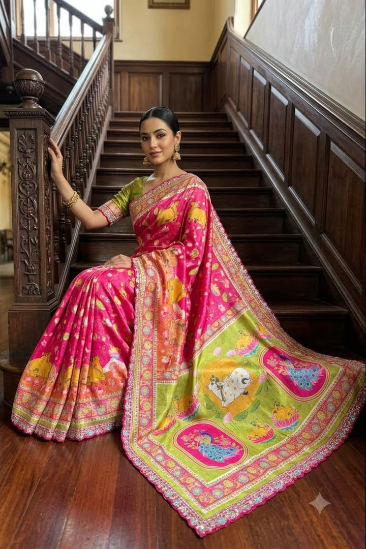 ✨ Madhabh Maya Premium Soft Dola Crepe Kalamkari Silk Saree ✨