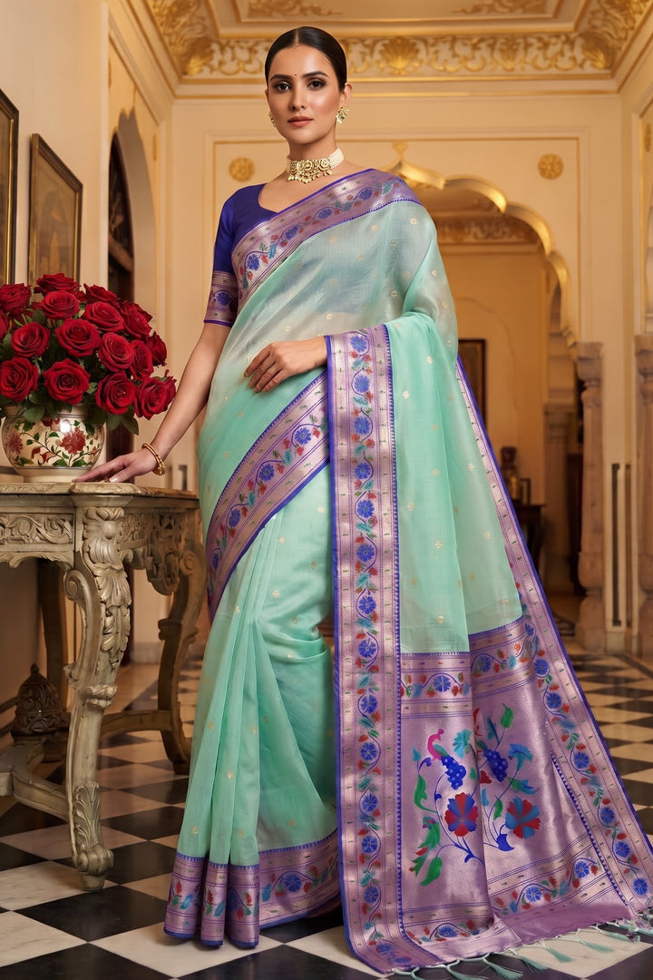 Golden Dew-Organza Silk (Semi) Saree with Minakari Zari Border & Designer Zari Pallu