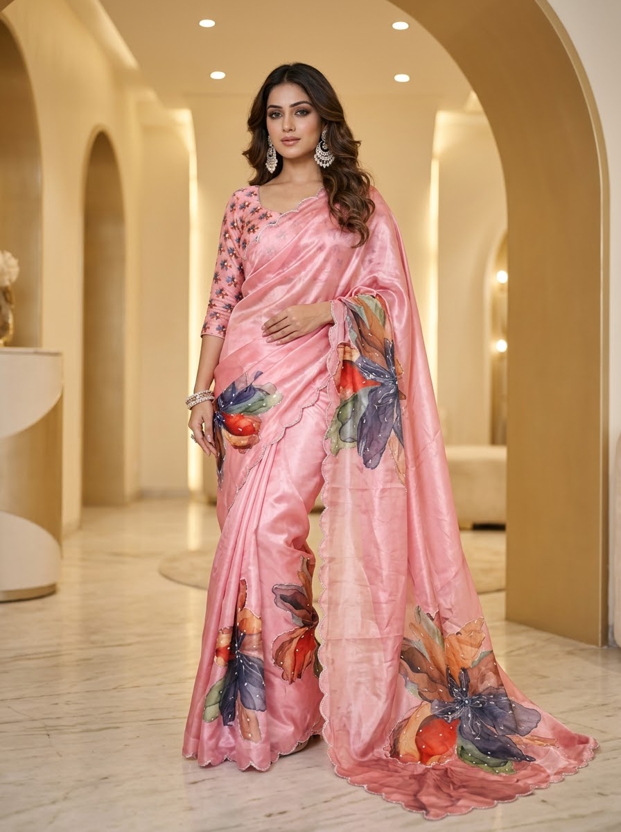 Noore Luxe – Premium Fendy Satin Digital Print Saree with Intricate Handwork