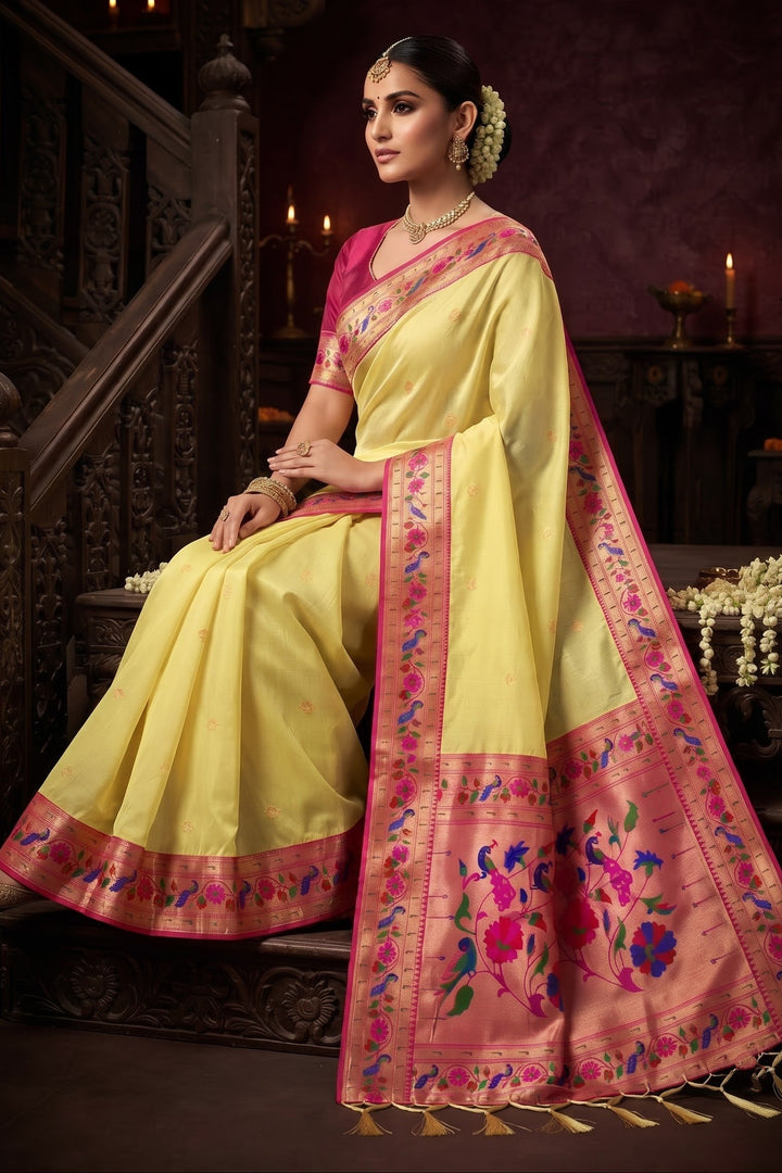 Golden Dew-Organza Silk (Semi) Saree with Minakari Zari Border & Designer Zari Pallu