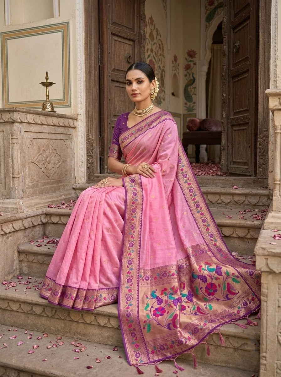 Golden Dew-Organza Silk (Semi) Saree with Minakari Zari Border & Designer Zari Pallu