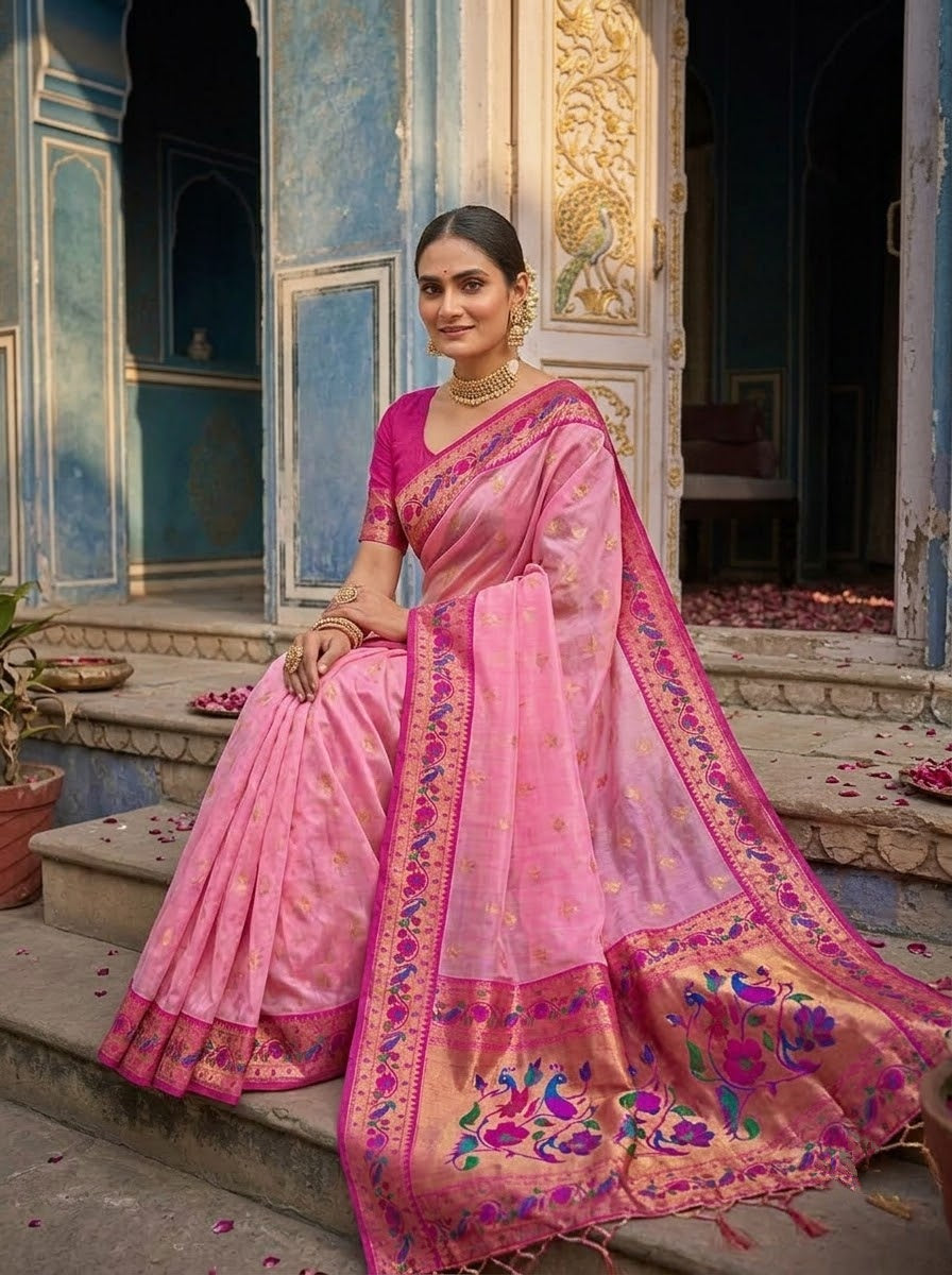 Golden Dew-Organza Silk (Semi) Saree with Minakari Zari Border & Designer Zari Pallu