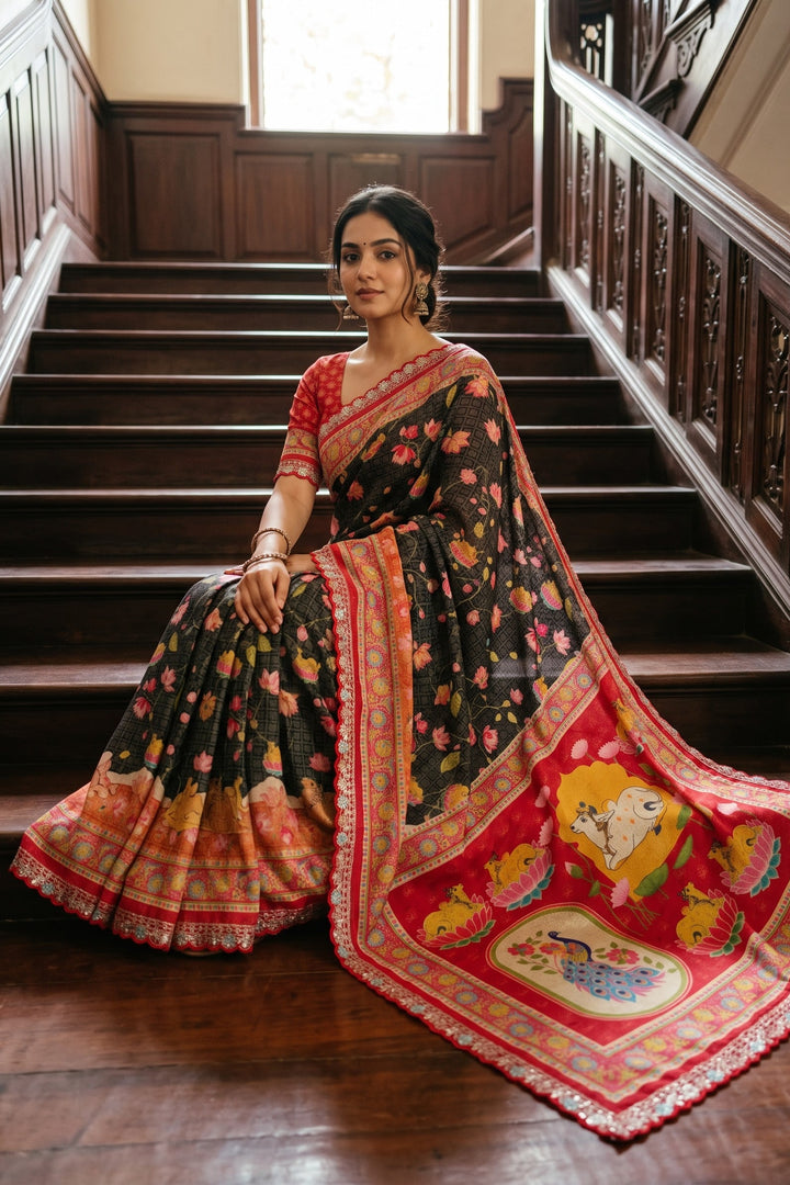 ✨ Madhabh Maya Premium Soft Dola Crepe Kalamkari Silk Saree ✨