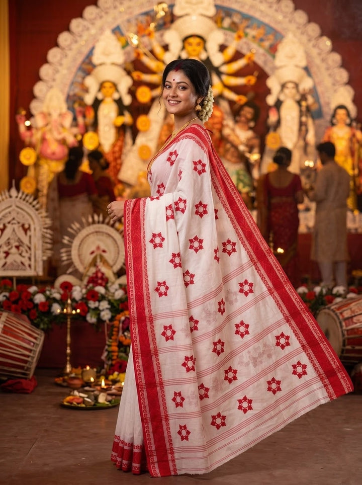 Ashtami Tangail Tant Cotton Saree (Snow flakes Embroidery)