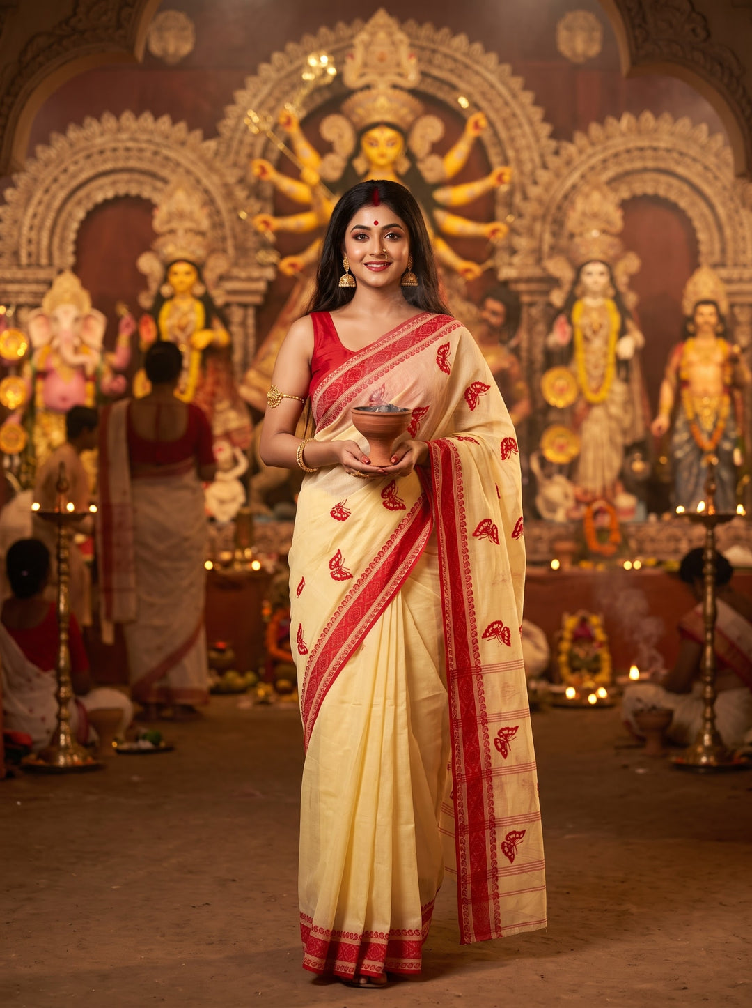 Ashtami Tangail Tant Cotton Saree(Butterfly Embroidery)