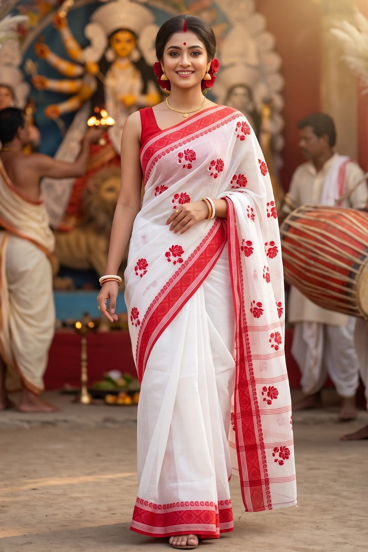 Ashtami Tangail Tant Cotton Saree (Rose Embroidery)