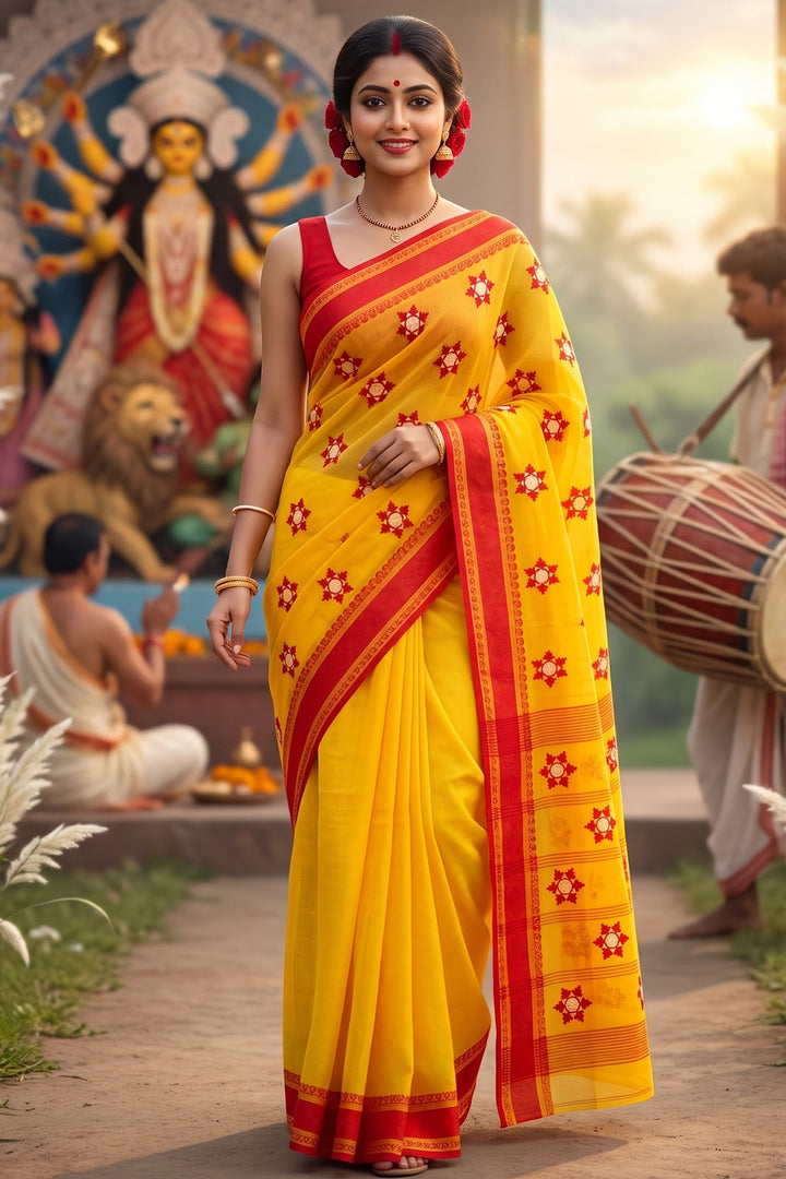 Ashtami Tangail Tant Cotton Saree (Snow flakes Embroidery)