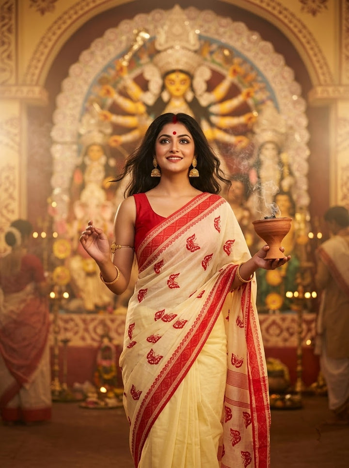 Ashtami Tangail Tant Cotton Saree(Butterfly Embroidery)
