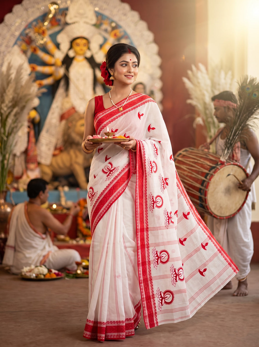 Ashtami Tangail Tant Cotton Saree (Lamp Design)