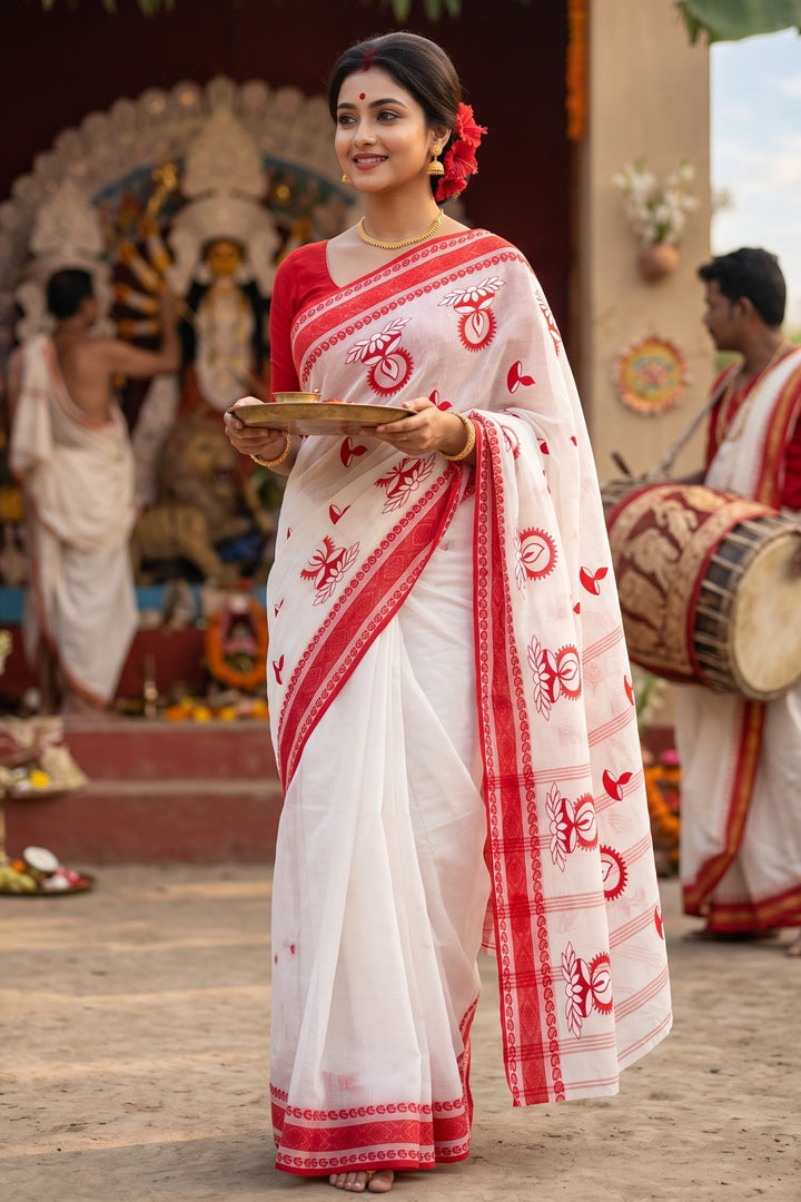 Ashtami Tangail Tant Cotton Saree (Lamp Design)