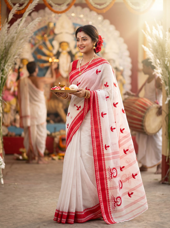 Ashtami Tangail Tant Cotton Saree (Lamp Design)