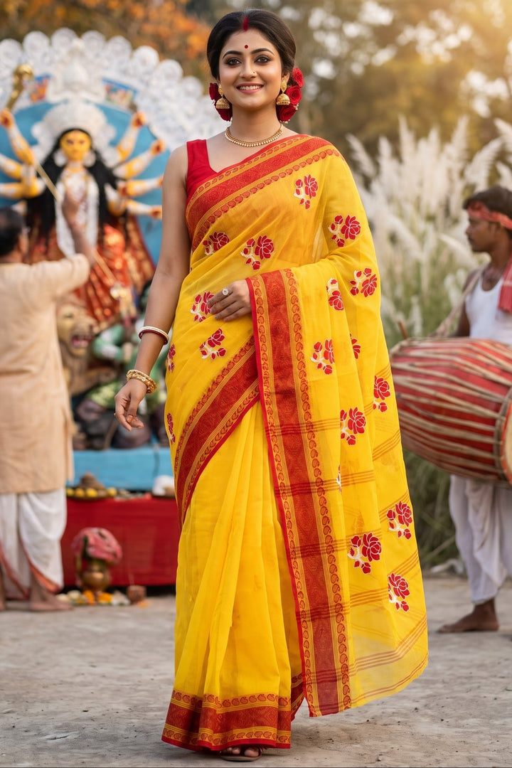 Ashtami Tangail Tant Cotton Saree (Rose Embroidery)