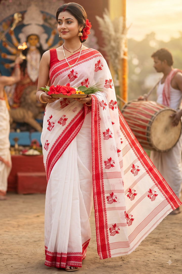 Ashtami Tangail Tant Cotton Saree (Peacock Embroidery)
