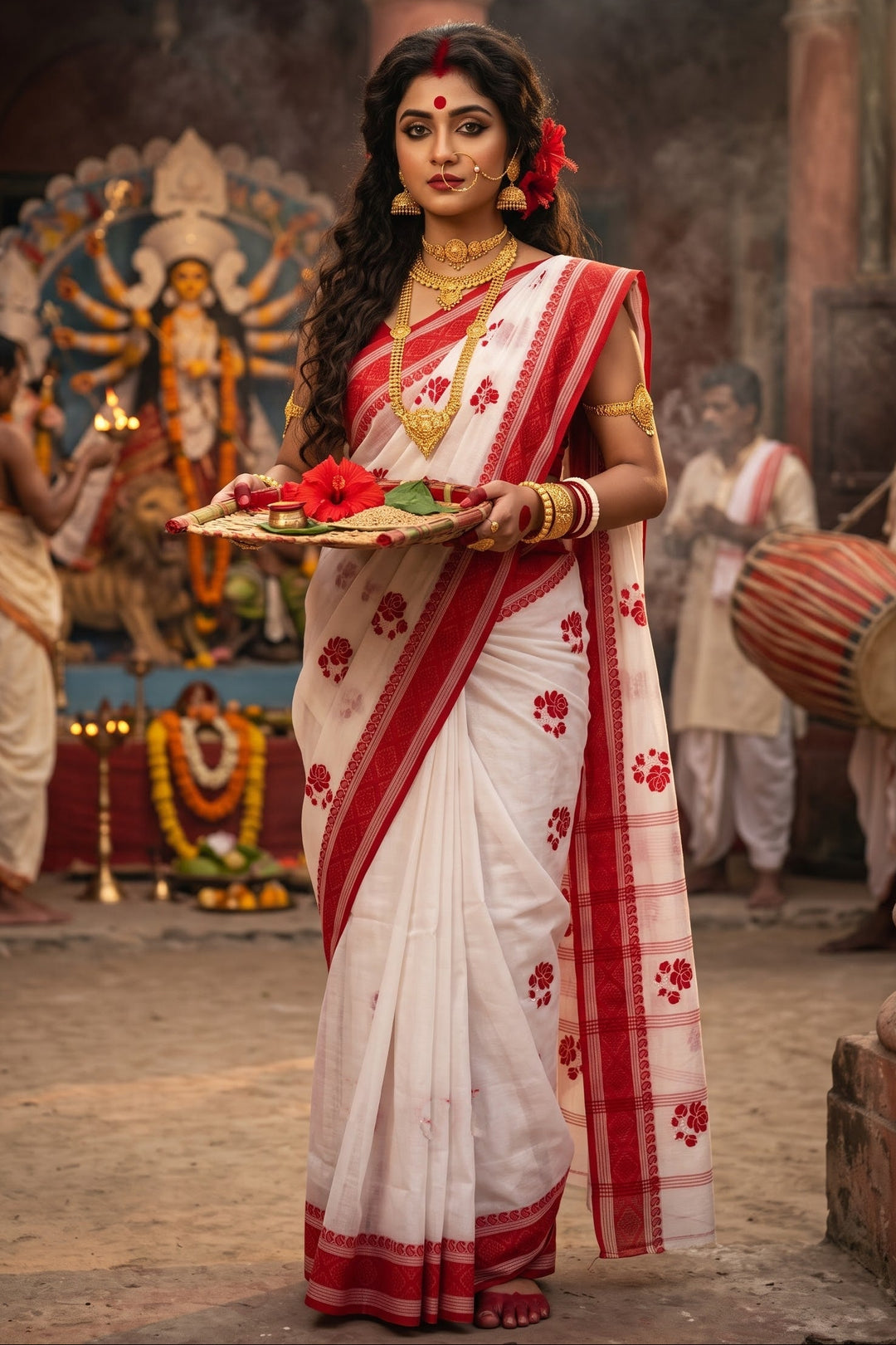 Ashtami Tangail Tant Cotton Saree (Rose Embroidery)