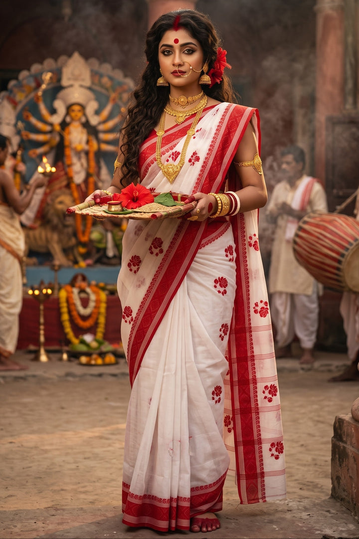 Ashtami Tangail Tant Cotton Saree (Rose Embroidery)