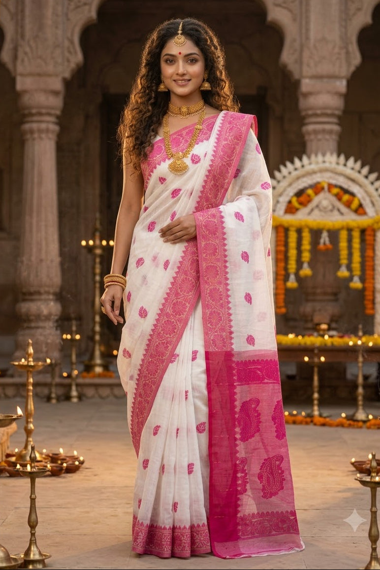 Aabheri Soft Jamdani Saree with Contrast Pallu