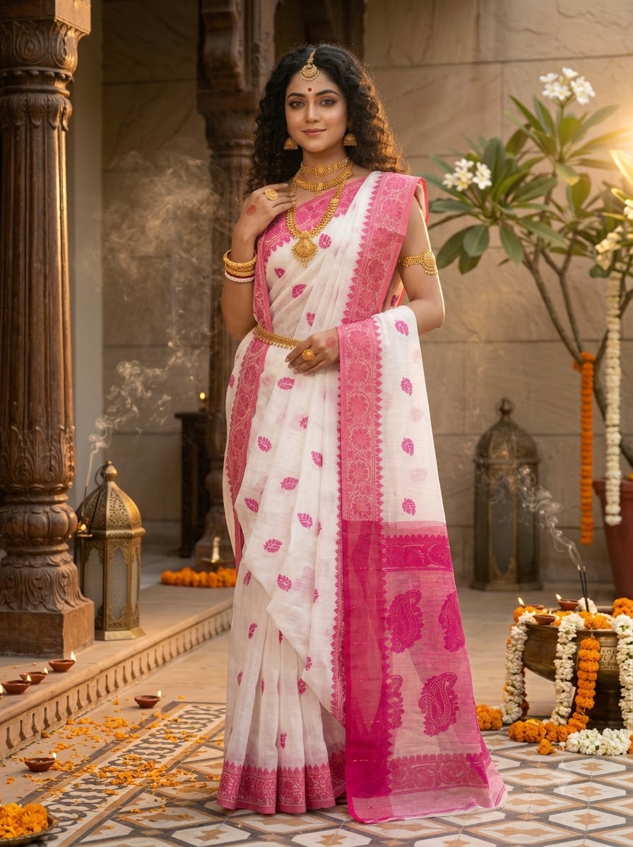 Aabheri Soft Jamdani Saree with Contrast Pallu