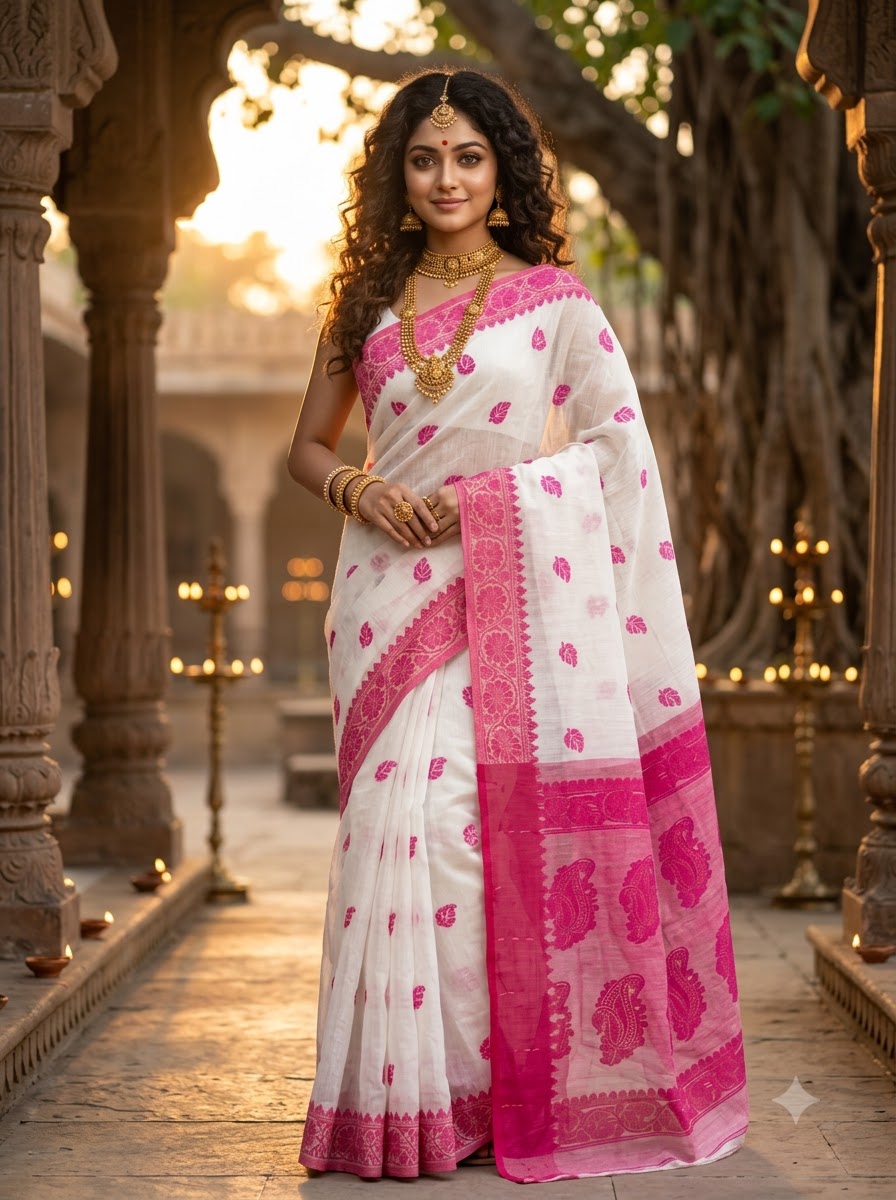 Aabheri Soft Jamdani Saree with Contrast Pallu