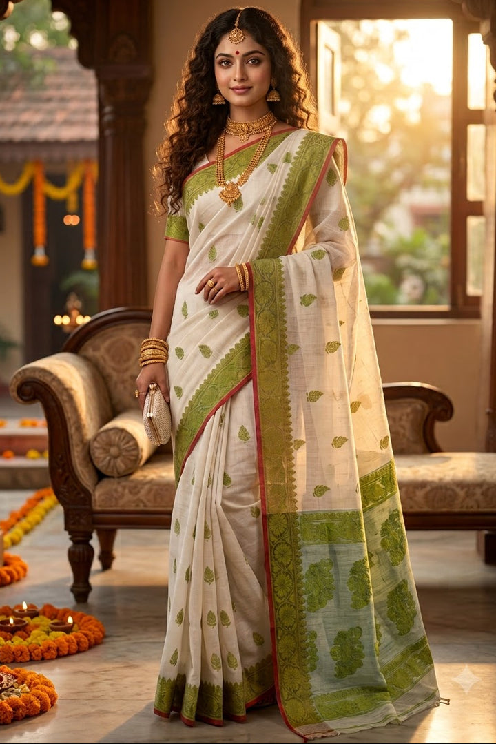 Aabheri Soft Jamdani Saree with Contrast Pallu