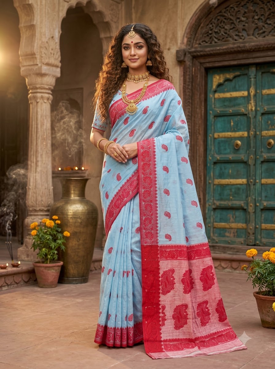 Aabheri Soft Jamdani Saree with Contrast Pallu