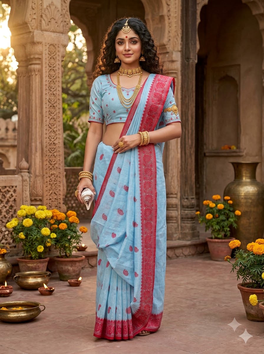 Aabheri Soft Jamdani Saree with Contrast Pallu