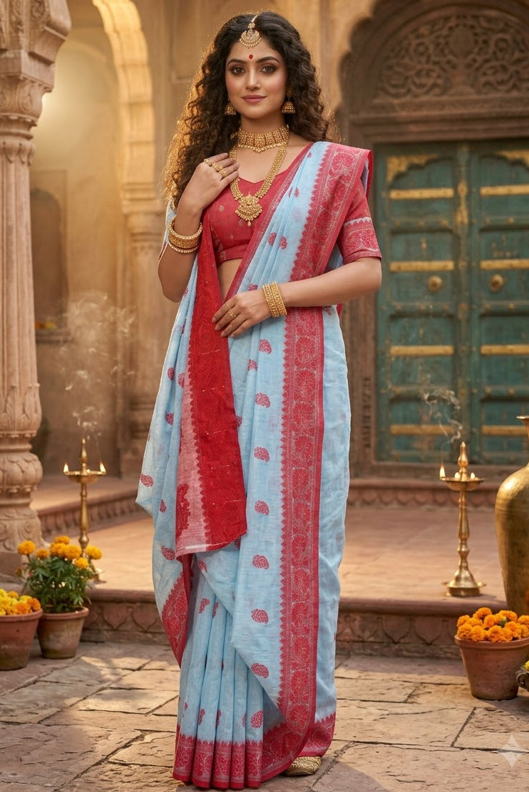 Aabheri Soft Jamdani Saree with Contrast Pallu