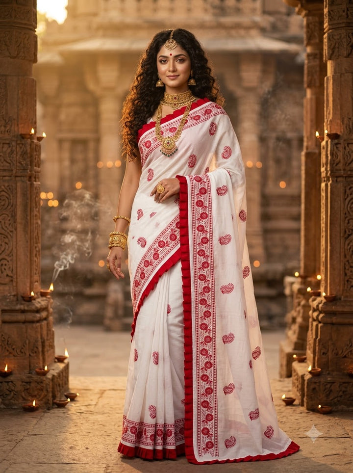 Devi Darshan Khadi Cotton Embroidered Saree